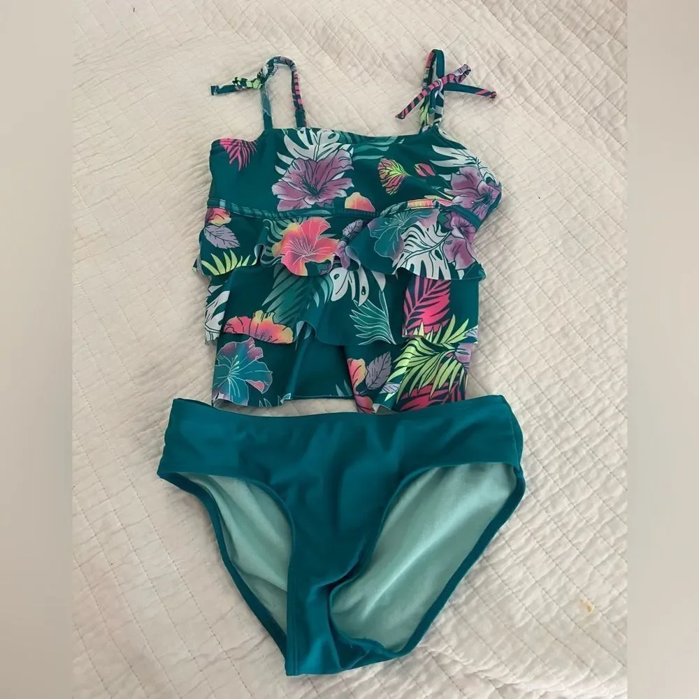 Girls Justice 3 piece set swim suit teal and floral and shorts size Large